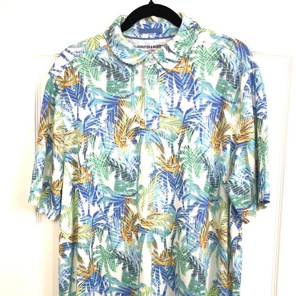 Johnston & Murphy Golf Polo Shirt Mens XL Blue All Over Palm Tree Tiki Hawaiian - Picture 1 of 7